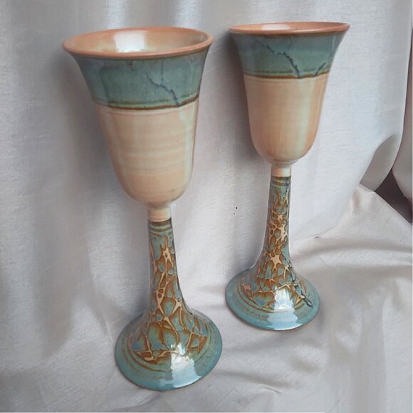 Gorgeous pair of Tall, Slender Hand Thrown and Glazed Stoneware Goblets - Picture 6 of 13